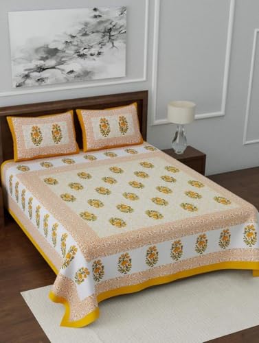 The Youth Spirit Cotton Double Bedsheet with 2 Pillow Cover Jaipuri Printed Bedsheet, Yellow White Flower