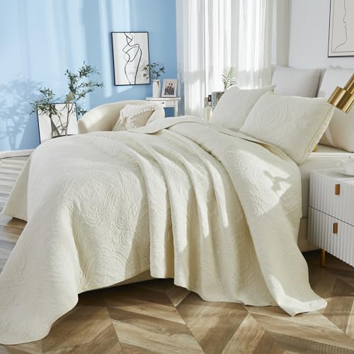 Brandream Quilt Set Cotton Queen King Size Bedspread Coverlet Set 100% Cotton Cream White Luxury Quilted Comforter Sets Damask Embroidery Lightweight