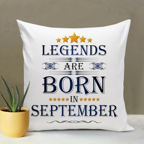 Legends are Born in September Happy Birthday Gift Combo Set (1 Printed 12” x 12” Satin Cushion with Filler, 1 Coffee Mug (September, ATCMK)