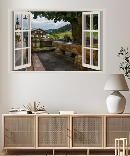 JVERF - JZZA22268 Germany Roads Houses Church Ramsau Bavaria| Self-Adhesive Open Window Wall Sticker