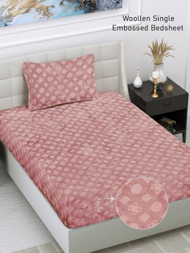 FABINALIV Peach Geometric 300 TC Woollen Embossed Single Bedsheet with Pillow Cover (FLWSBS-1038-Peach)