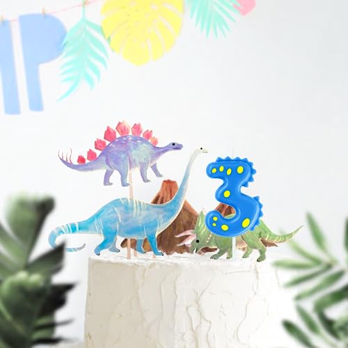 Blue Birthday Candle 7, eusbon 2.76" Dinosaur Candle Theme Party Number Candle for Cake