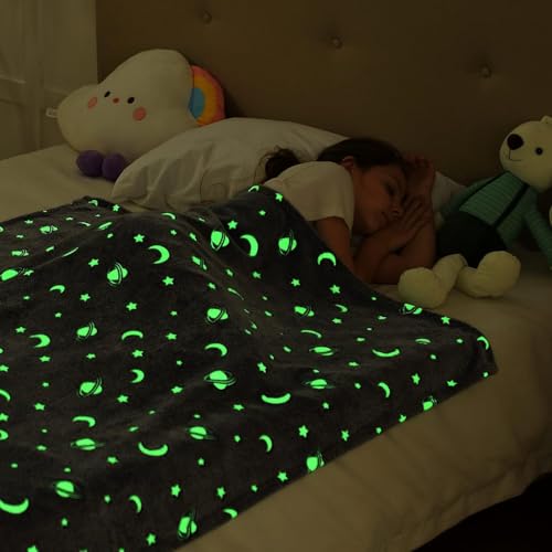 Prostuff.in® Super Soft Fuzzy Fluffy Plush Furry Fleece Glow in The Dark Throw Glowing Blanket with Galaxy Moon Star Pattern All Seasons Blanket for Kids Multicolour 1 Pcs (Size- 50x 60inch)