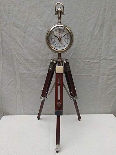 Relico Handicraft Wooden Tripod Table Stand Clock Steel Finish Antique Look Stylish Roman Clock for Home Living Room