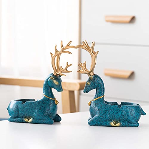 MYADDICTION Couple Deer Statue Ashtray Animal Statue Crafts Resin for Office Home Cafe Blue