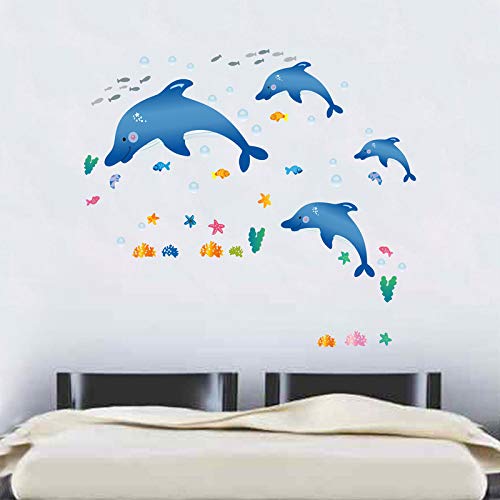 Sahaj Decor Dolphin with Fishes Sticker | Wall Sticker for Living Room -Bedroom - Office - Home Hall Decorative Stickers