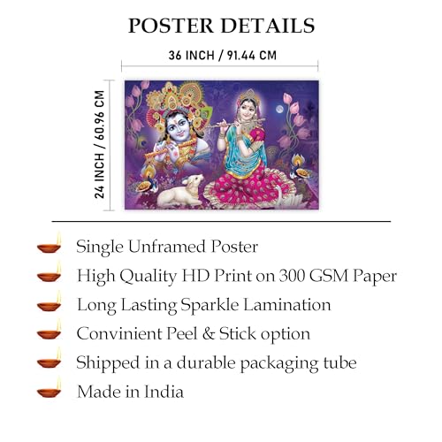 Indianara Rolled Sparkled Lord Radha Krishna Art Print for Room Décor Digital Reprint 36 inch x 24 inch Painting (10638PST)