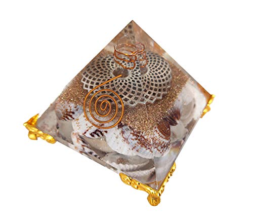 White Whale Shankh Orgone Pyramid Energy Generator Reiki Healing Crystal Chakra with Gold Stand Feng Shui Pyramid