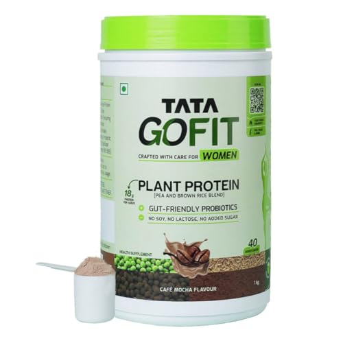 Tata GoFit Plant Protein Powder, Pea & Brown Rice Blend, 18g Protein, Café Mocha Flavour, 1kg (40 Serves), No Soy, No Lactose, No Added Sugar, Vegan