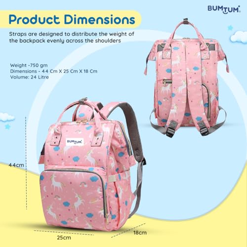 Bumtum Baby Diaper Bag for Mothers | Spacious Waterproof Backpack with Multiple Pockets to Easily Organise Baby Essentials, Various Sized Pockets (Unicon Print, Pink)