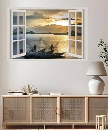 JVERF - JZZA29252 Sunrises and Sunsets Mountains Asian Boats Fishing| Self-Adhesive Open Window Wall Sticker