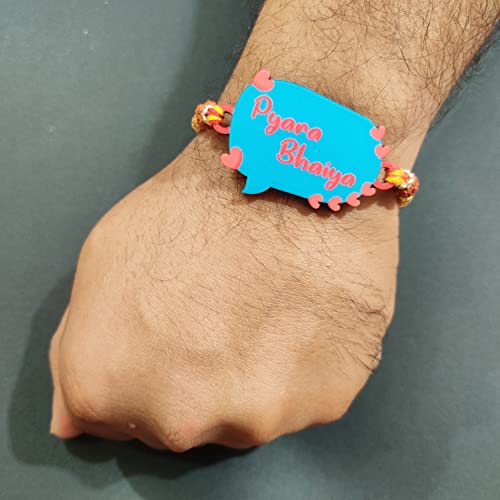 Bhai Please Pyara Bhai Wooden Rakhi with Brother is Superhero Fridge Magnet (Gift Combo for Bhai / Bhaiya) | Set of 1 pc Rakhi with Roli- Chawal and Fridge Magnet | With Raksha Bandhan Greetings