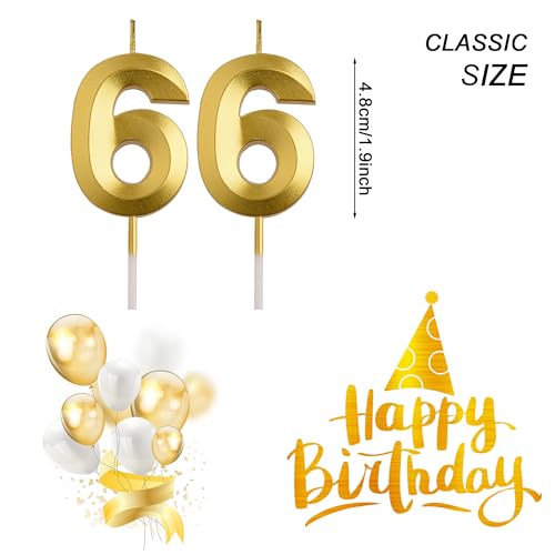 AOOLADA 66th Birthday Candles, Gold 66 Year Old Number Birthday Candles, Happy Birthday Party Decorations Cake Topper Gifts for Men Women