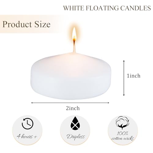 TRIRITE 24pcs White Floating Candles for Centerpieces, 2inch Unscented Floating Candles 5-6 Hours Long Burning, Floating Water Candles for Weddings Vases Baby Shower (2in,24pcs)