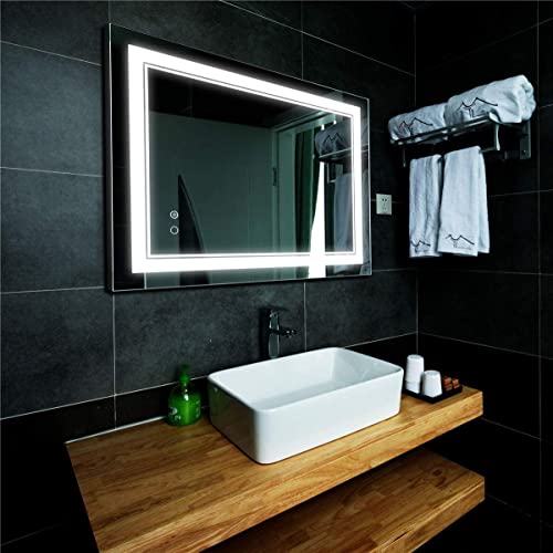 TANGYOAK Led Mirror with Imported Touch Sensor Large Front Light Mirror (18 x 24 inch) (WhiteLight+WarmLight+Cool Day Light) (Rectangular, Framed, Wall Mounting).