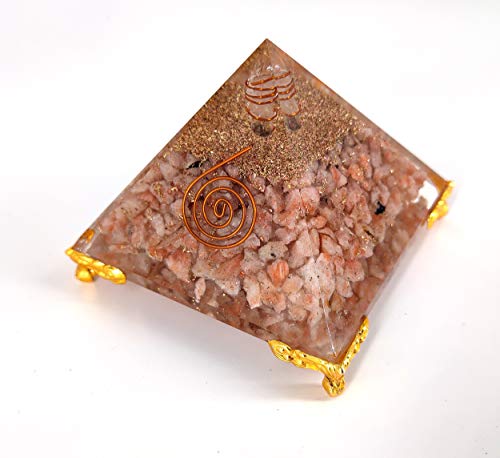 White Whale Sunstone Orgone Pyramid Energy Generator Reiki Healing Crystal Chakra with Gold Stand Feng Shui Pyramid