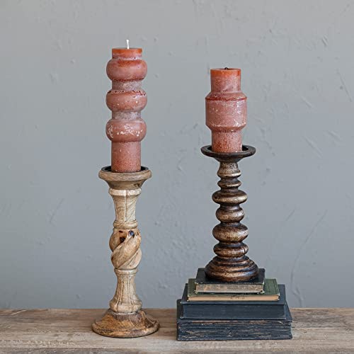 Creative Co-Op Carved Wood, Natural Pillar Candle Holder