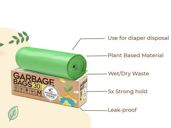 THE HONEST HOME COMPANY | Biodegradable Garbage Bags Medium Size | 120 Dustbin Bags | 30 Medium Bags/Roll | 19 X 21 Inches Trash Bags | Pack Of 4 Rolls - Green (As seen on Shark Tank)