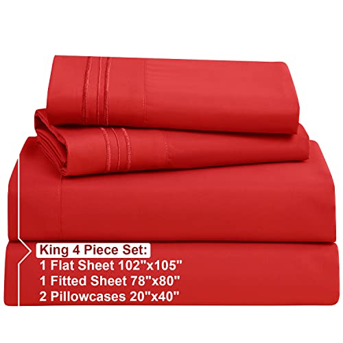 Nestl King Size Sheets Set - 4 Piece King Sheets, Bed Sheets for King Size Bed, Double Brushed King Bed Sheets, Hotel Luxury Red Sheets Extra Soft Bedding Sheets & Pillowcases