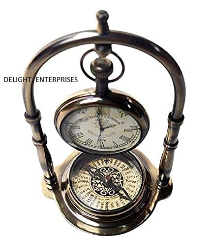 Delight Enterprises Antique Brass Hanging Table Watch with Directional Compass Full Brass Frame for Your Office Table Best Gift for You