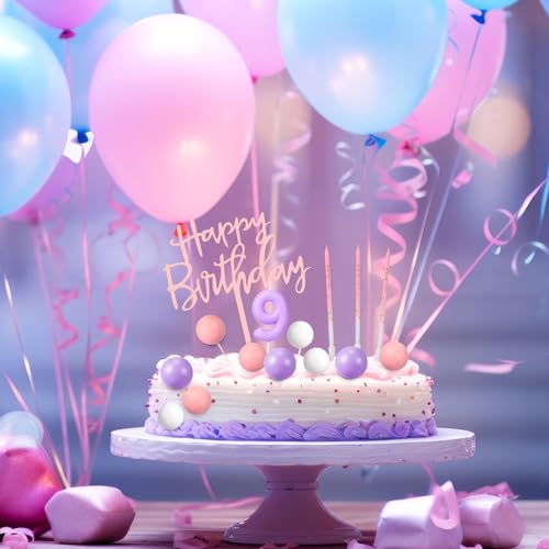 Yerliker 34 Pcs Birthday Candles Cake Toppers for Men Women with 12 Long Thin Birthday Cake Candle 10 Numeral Birthday Candle 9 Ball Cake Topper 3 Birthday Cake Topper(Purple Pink)