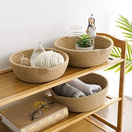 S.S Enterprises Mini Rope Storage Natural Handwoven Jute Shelf Round Basket For Your Home & Kitchen (Small,Medium,Large) - Pack Of 3 (Set Of 3 Pieces, Beige)