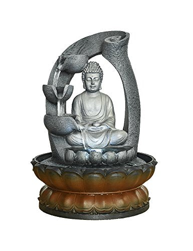 Sitting Buddha Fountain 11", LED Indoor Table Waterfall Fountain Fengshui Meditation Relaxing Decor for Home Office Gray