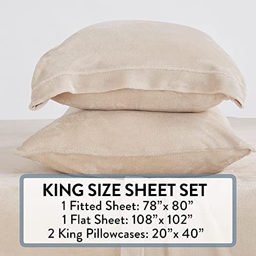 Velvet Plush Sheet and Pillowcase Set with Extra Deep Pockets | Extra Soft Micro Fleece Sheet Set | Ultra Plush and Cozy Warmth | Velvety Soft Heavyweight | Tribeca Collection (King, Beige)