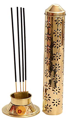 Besnik Arts Pure Brass Flower Agarbatti /Incense Stick Stand/Holder with Dust and Burn Safety Ash Catcher (Gold , Height : 11.5 Inch)(Cylindrical)