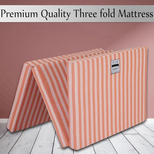 COLOFLY Dual Comfort Reversible | Foldable UHD Foam | Single Bed Mattress | 3 Fold Orange-Strips | (72x35x2)