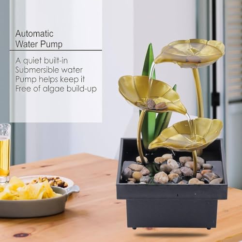 Cheet enterprise Tabletop Fountains Metal Water Fountain Waterfall Desktop Leaf Fountain Home Decoration Ornaments with Deep Basin and Natural River Rocks (Golden, 1 PCS)