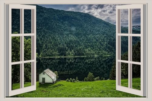 JVERF - JZZA25843 Norway Mountains Rivers Houses Forests Flisram| Self-Adhesive Open Window Wall Sticker