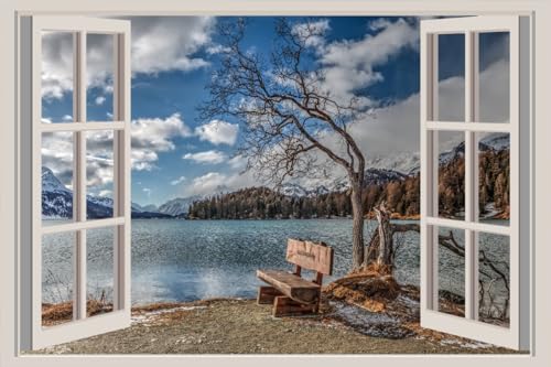 JVERF - JZZA23950 Lake Sky Mountains| Self-Adhesive Open Window Wall Sticker