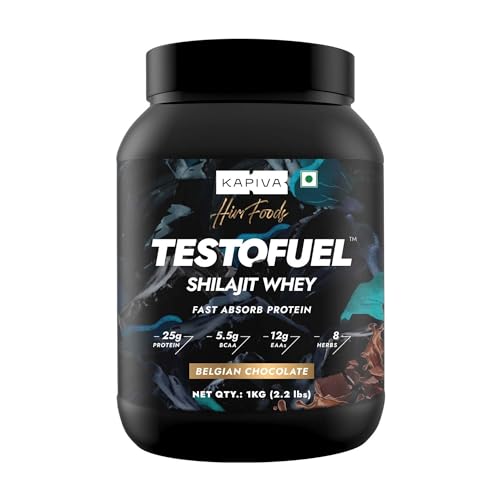 Kapiva TestoFuel Shilajit Whey Protein with Digezyme| 25g Protein | 5.5g BCAA | Faster Absorption | Boosts Stamina | Chocolate Flavor, 1Kg/ 2.2lb