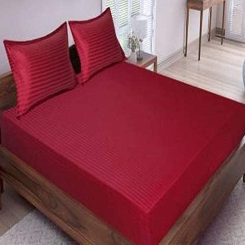 Cool Dealzz TC 300TC Pure Cotton Plain Stripe Queen Size Double Bedsheet for Double Bed with Two Pillow Covers (King, Maroon) (90X100 Inches)