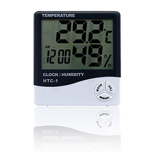 SHAYONA All in One HTC-1 Plastic Hygrometer Temperature Thermometer Humidity Meter with Time Alarm Clock with Big LCD Display (White)