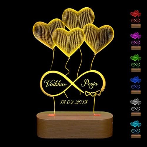 Artistic Gifts Personalized 3D Illusion LED Table Lamp | Heart Shape Customized Name Lamp for Couple Gift Anniversary, Wedding, Marriage, Valentine Day- Wooden Base, Multicolor Light. Design 5