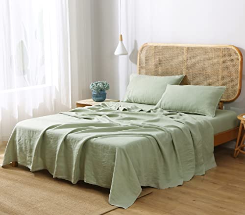 Victory Symbol 100% French Natural Linen Bedding Ultra Soft Stone Washed 4 Piecces Sheets Set(Light Green,Queen)