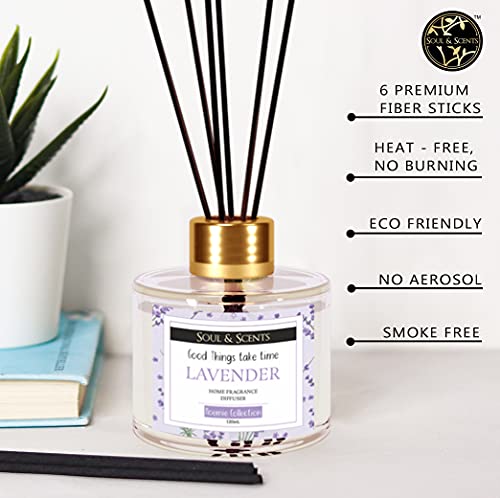 Soul & Scents Glass Lavender Reed Diffuser Set with 6 Fiber Reed Sticks|Toxin Free & Stress Relief|Fine-Living Natural Fragrance|Long Lasting|Smoke Less Room Freshener for Home, Bedroom|120ml