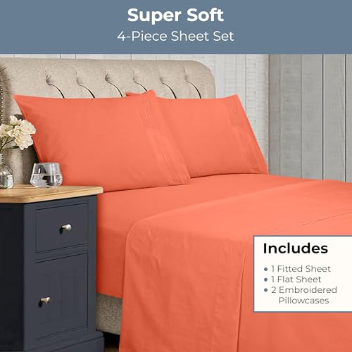 Royale Linens - 4 Piece Califoria King Bed Sheet - Brushed Microfiber 1800 Bedding - 1 Fitted Sheet, 1 Flat Sheet, 2 Pillow case - Wrinkle & Fade Resistant Cal King Size Sheet Set (Kingcal, Coral)