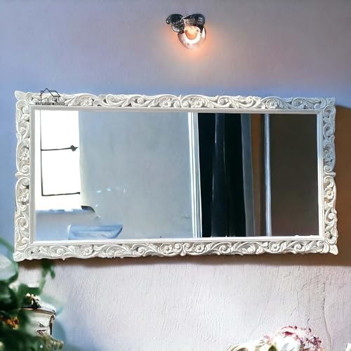 AESTHETIC DECOR 4x2.5 Wooden Carved Wall Mirror Frame Solid Wood, | with Out Mirror | Flower (Deco white,