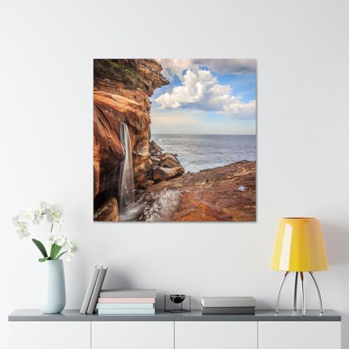 GADGETS WRAP Canvas Gallery Wrap Framed for Home Office Studio Living Room Decoration (17x17inch) - Waterfall Near Sea Scenery View