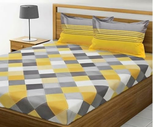 290 TC Cotton Double Geometric Flat Bedsheet (Pack of 1, Yellow) SOMYA GEMS