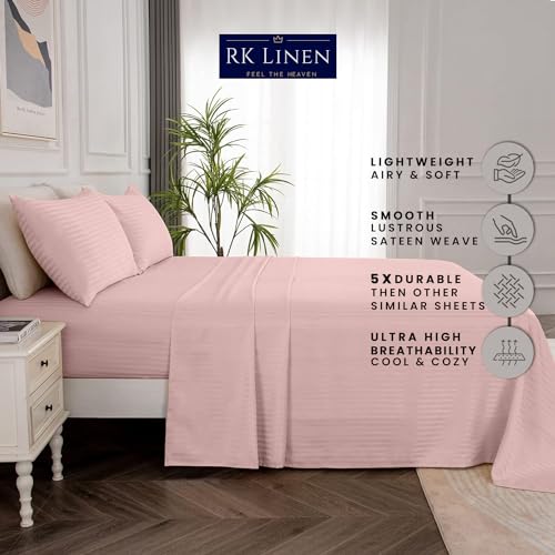 Egyptian Cotton Bed Sheets 450 Thread Count Sateen Finish Luxuries Hotel |Ultra Comfortable 3 Pieces Flat Sheet Set| 1 Flat+2 Pillow Cover Bedsheet Set for Home(Cameo Rose Stripe,3 by 6 / Single)