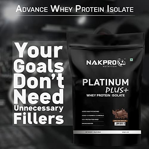 NAKPRO Platinum Plus+ Whey Protein Isolate with Digestive Enzymes | 28g Protein, 6.36g BCAA |Added Vitamins & Minerals (Double Rich Chocolate, 1 Kg)