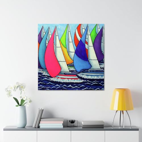 GADGETS WRAP Canvas Gallery Wrap Framed for Home Office Studio Living Room Decoration (17x17inch) - Rainbow Racing Regatta