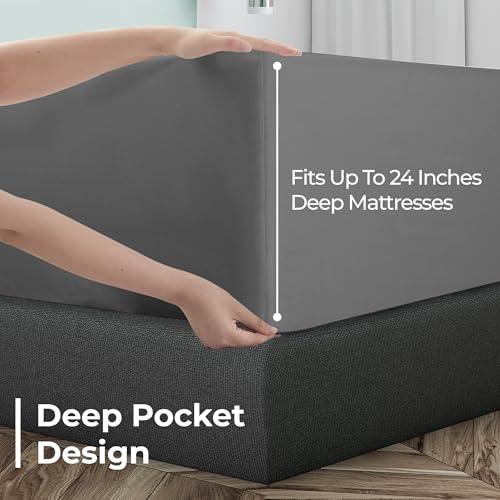 Royale Linens Extra Deep Pocket King Fitted Sheet Only - Soft Grey King Size Fitted Sheet Deep Pocket - Fits 18 inch to 24 inch Thick Mattress - Fitted Sheet Only - Elastic Sheet (King, Grey)