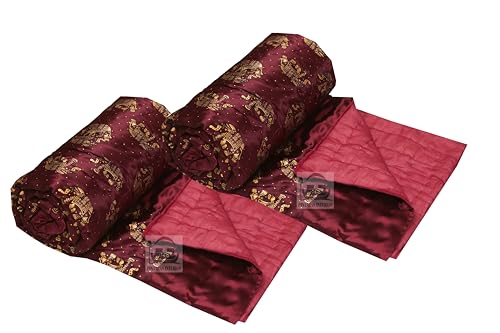 PINAARAS INTERIOR Cotton Filled Light Weight Silk Jaipuri AC Quilt/Razai Gold Print Jaipuriya Rajai/Razzai - (Animal Print, Maroon Elephant Single Bed Set of 2)