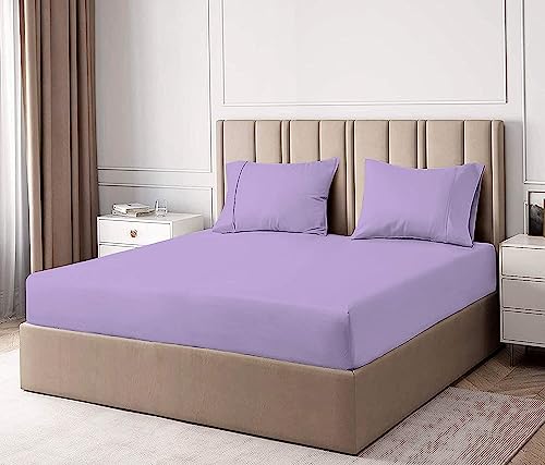 Luxurious & Super Soft 5 Piece Bedsheet Set- 100% Cotton Hotel Luxury Bedding- Flat Sheet, Fitted Sheet, Zipper Duvet Cover & 2 Pillow Cover- 400TC Bedding Set-Lavender Solid Double Size