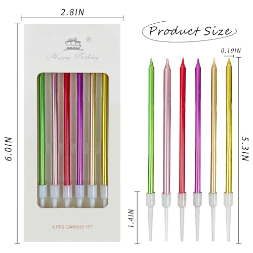 6Pcs Chromatic Colour Birthday Candle for Cake, 5.5 Inch Long Thin Cake Candles for Wedding Anniversary Decoration Happy Birthday Party Celebration